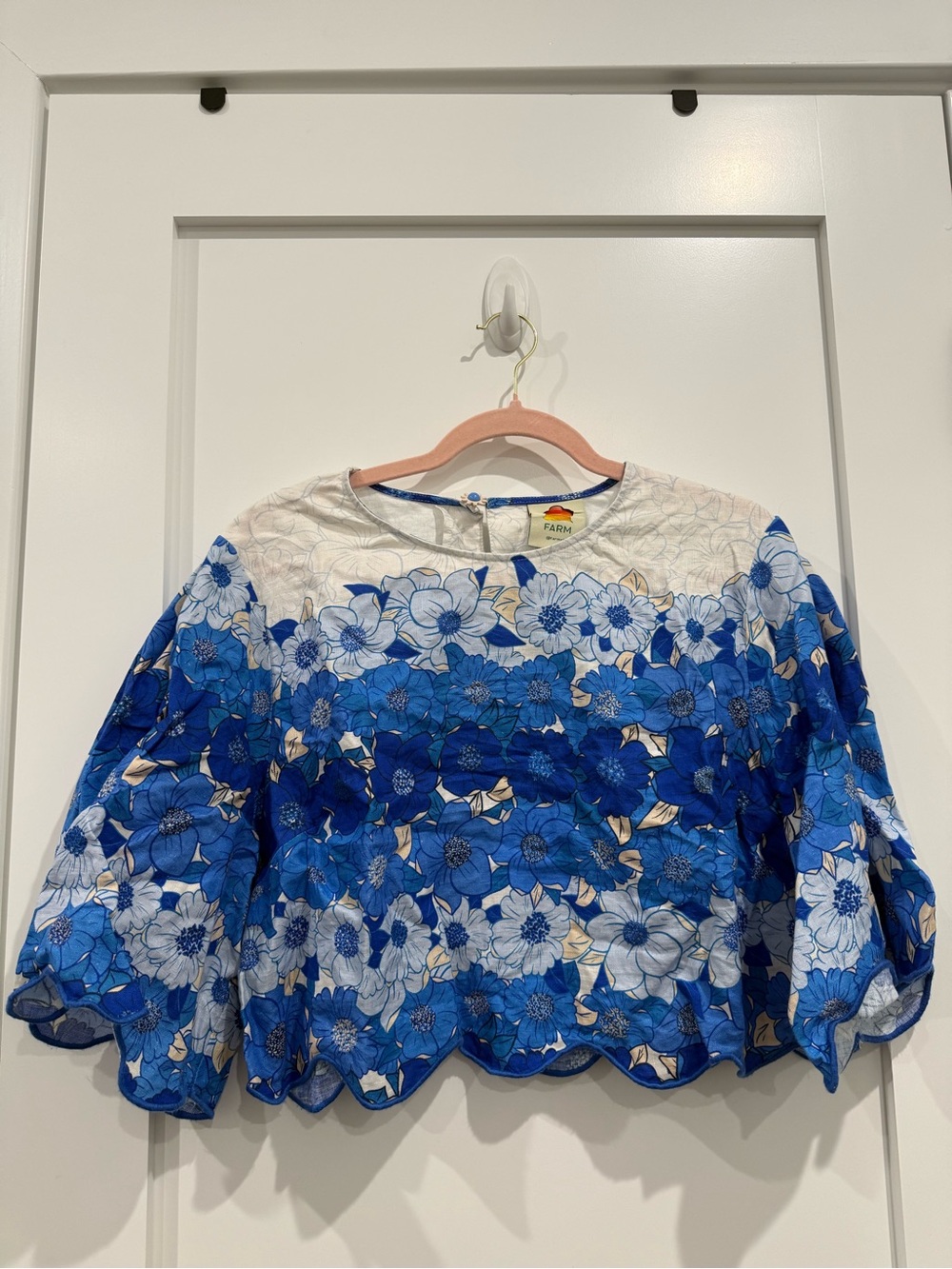 Farm Rio Floral Blue Embroidered Crop Blouse - Blue